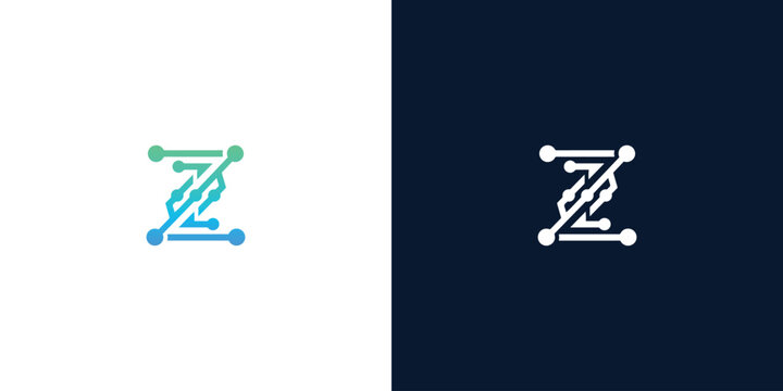 Modern letter Z circuit board technology logo design template with digital connection network lines and nodes