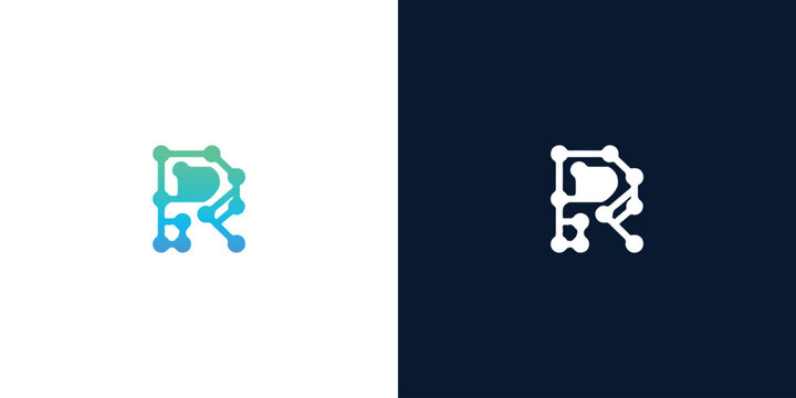 Technology Letter R Logo Vector Design with Digital Circuit Connection and Data Network Nodes