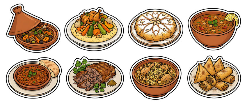Traditional Moroccan food set in sticker style, featuring tagine, couscous, pastilla, harira, zaalouk, mechoui, rfissa, briouats served on plain plates.