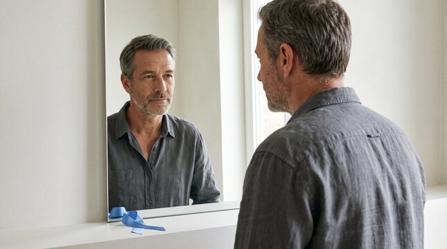 A man looking thoughtfully at his reflection in a mirror, in a bright room. He is wearing a gray shirt and has short gray hair