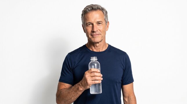 A fit middle-aged man holding a clear plastic bottle of water, looking confidently at the camera. He is wearing a navy blue t-shirt and has gray hair
