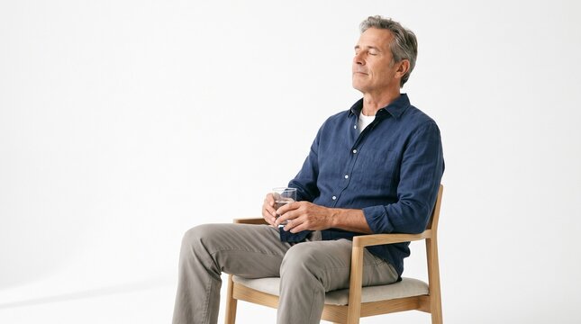 A middle-aged man with gray hair, eyes closed, sitting in a chair with his hands clasped in his lap. He appears to be meditating or in a state of relaxation