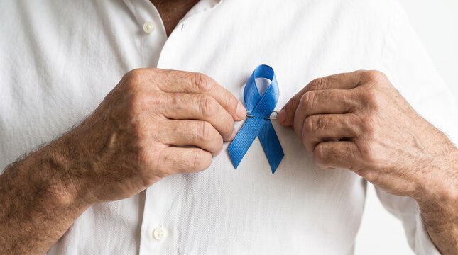 A man's chest is adorned with a blue ribbon, symbolizing awareness and support. The delicate fabric rests against a white shirt, held by outstretched hands, conveying a message of solidarity and care