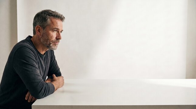 A middle-aged man with grey hair and a beard sits at a table, looking thoughtfully into the distance. He is wearing a dark grey sweater and his arms are crossed