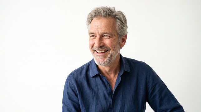 A smiling older man with grey hair and a beard, wearing a blue shirt