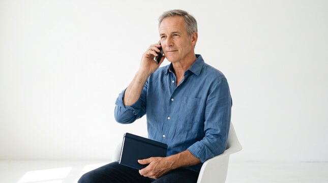 A man in his 50s, dressed in a blue shirt, is sitting on a modern white chair and talking on his phone. He holds a tablet in his left hand and looks thoughtfully into the distance.