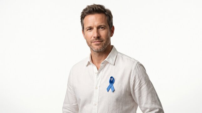 A man wearing a white shirt with a blue ribbon pinned to his chest, looking directly at the camera. The background is white.