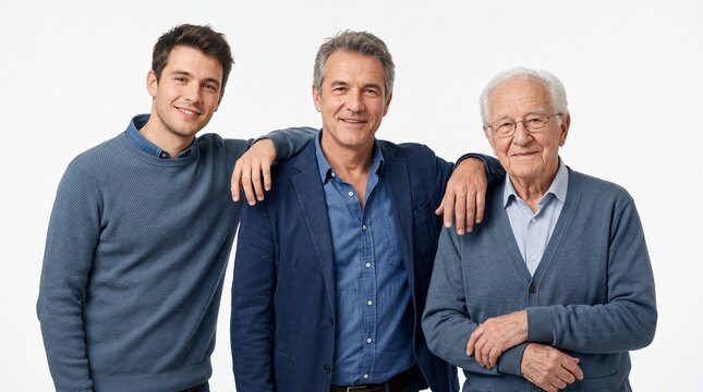 Three men, father, son, and grandfather, posing together with smiles. The men are wearing casual shirts and sweaters in shades of blue. They stand side-by-side.