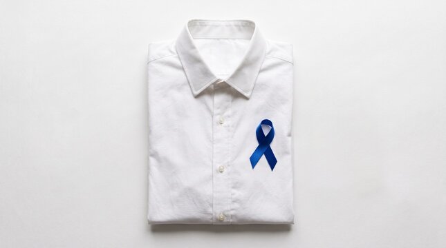 A crisp white button-down shirt folded neatly with a blue ribbon pinned to the lapel. The image evokes a sense of awareness and support, perhaps for a cause or remembrance