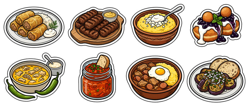 Romanian traditional food cuisine set icon sticker illustration including sarmale mici mamaliga papanasi ciorba de burta zacusca tochitura and eggplant salad.