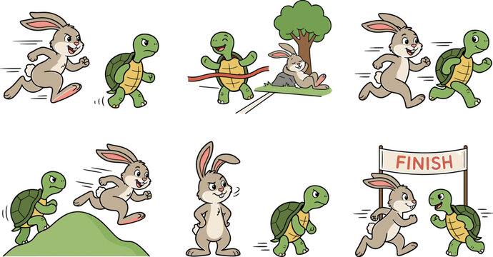The tortoise and the hare fable cartoon scenes collection featuring running rabbit slow turtle racing and finish line
