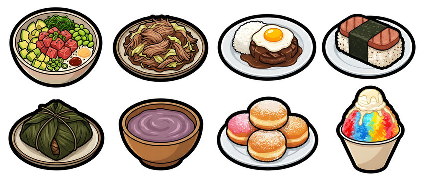 Traditional Hawaiian food sticker set including poke bowl, kalua pork, loco moco, spam musubi, lau lau, poi, malasadas, and shave ice with bold outline.