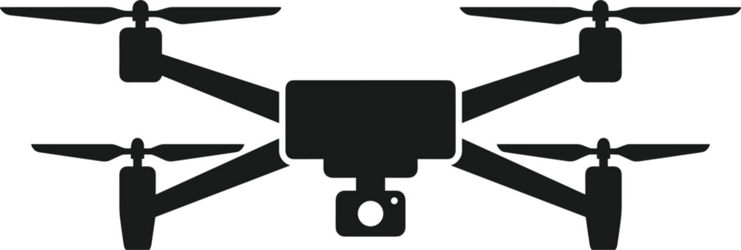 Unmanned aerial vehicle quadcopter with integrated action camera module isolated black flat vector illustration graphic design layout