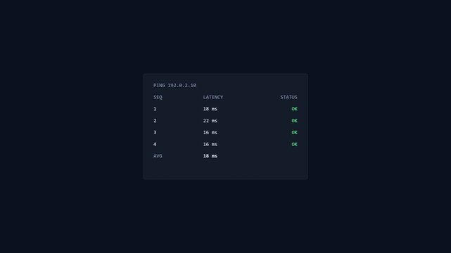 Network ping test animation with latency table and stable connection