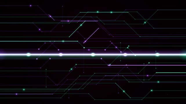 Glowing horizontal lines and circuit pathways form a seamless digital loop on a dark black background