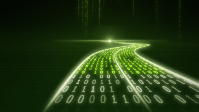 Lime green binary code path curving into the distance with glowing lines, cyber data technology background