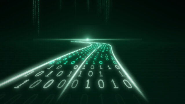 Winding emerald green digital road made of binary code and glowing light, futuristic technology background