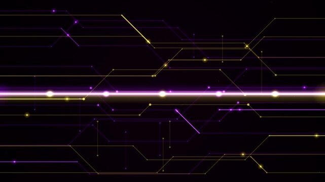 A looping abstract background with glowing lines and dots in purple and yellow hues
