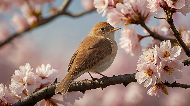 Small Brown Songbird Perched On Blooming Cherry Blossom Branch In Spring Season