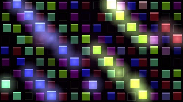 A looping pattern of colorful glowing squares on a dark background