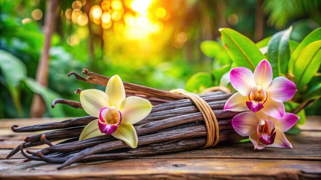 Freshly harvested vanilla pods wrapped around a stem of colorful orchids in a tropical garden, orchids, flowers,  orchids, flowers