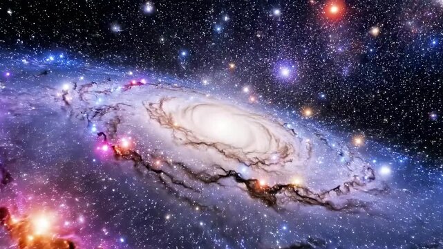 Glowing spiral galaxy rotating in deep space with starry nebula background