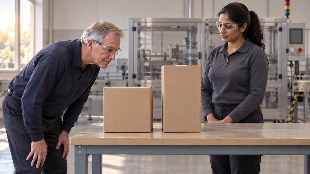 An operator bends to compare the heights of two plain carton samples while the instructor observes beside a detached bench during supervised packaging format training