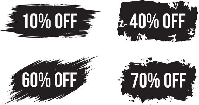 Set of four black grunge ink brush strokes with white text discount labels including 10 percent, 40 percent, 60 percent and 70 percent off offers