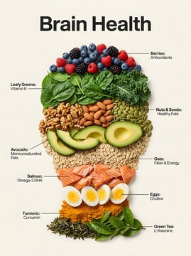 Healthy brain foods concept arranged in a brain profile outline with text pointers