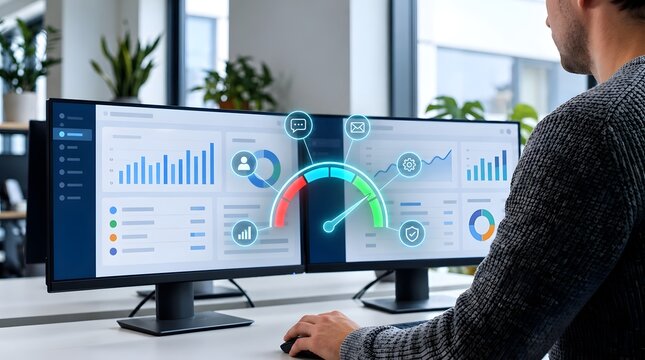 Business performance optimization concept showing glowing digital speedometer gauge overlaying dual monitors with data analytics dashboard