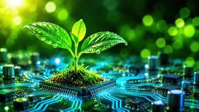 Young green plant growing on motherboard circuit board symbolizing green technology.