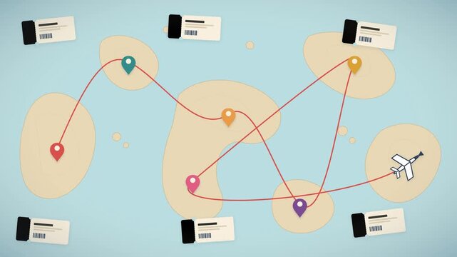 Flat vector 2D travel animation showing a winding dashed flight route drawing itself across an island archipelago map, connecting 7 colorful location.