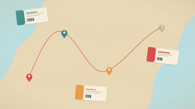 Flat vector travel animation showing a dashed flight route connecting map pins, an airplane and colorful boarding passes on a vintage paper map.