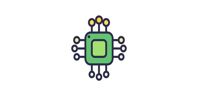 Modern flat vector icon of a green computer processor chip with colorful connection pins, symbolizing digital technology, computing, and electronic hardware