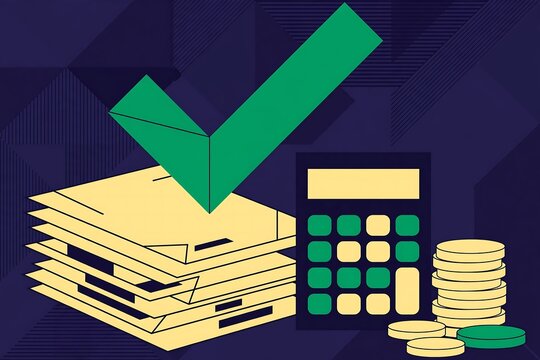 Financial accounting concept with a stack of documents, a calculator, and coins, representing tax or budget planning