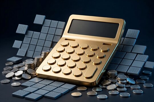 Golden calculator surrounded by stacks of coins and digital grid blocks on a dark background