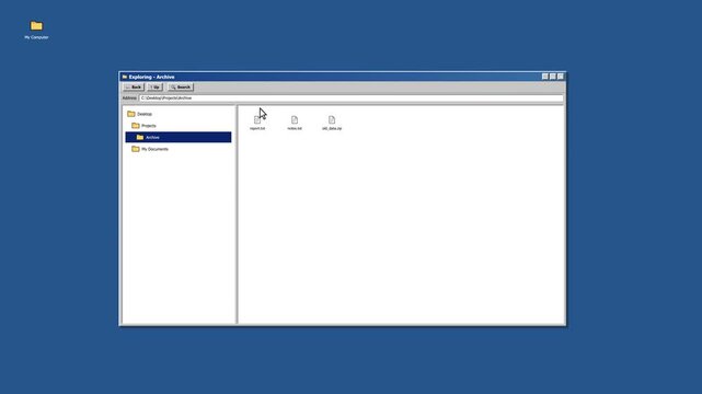 A retro desktop interface animation showing a mouse cursor opening a file explorer, navigating folders and subfolders, viewing file properties