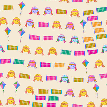 Seamless pattern of kites and colorful musical bars