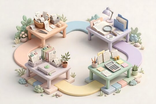 Isometric 3d illustration of four colorful office desks arranged in a circle with stationery and business supplies