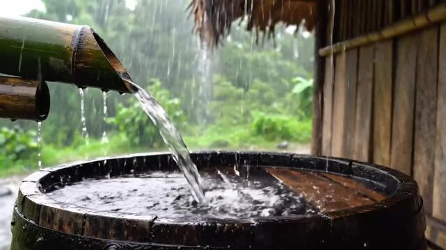 Rainwater filling a barrel through a bamboo gutter beside a farm hut