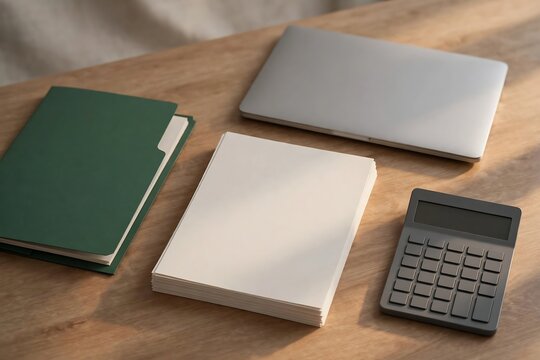 Top view of a wooden desk with a laptop, a stack of blank paper, a green folder, and a calculator