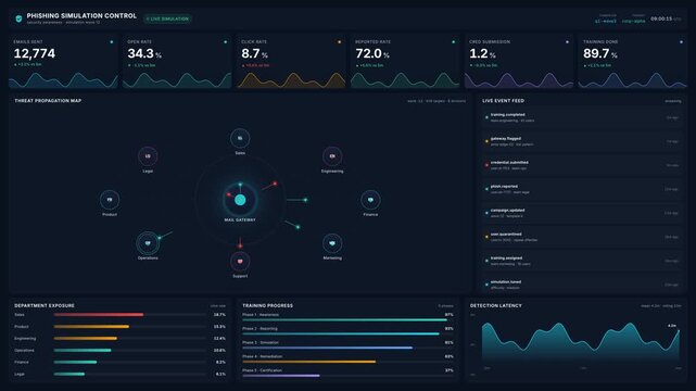 Phishing simulation control dashboard with cyber security awareness metrics threat propagation map, for email campaign tracking, risk analysis, staff training in 4k