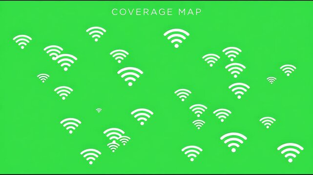 Animated wifi signal icons popping up on a solid green screen to create a dynamic coverage map visualization