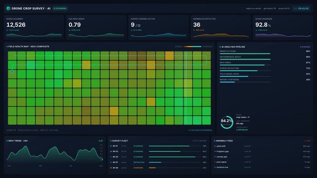 Drone crop survey dashboard with ndvi field health maps, live scan metrics, ai analysis pipeline, for precision agriculture, smart farming, 4k visualization