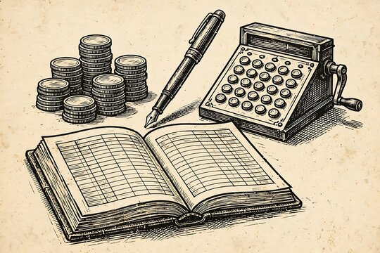 Vintage accounting tools including a ledger book, fountain pen, mechanical calculator, and stacks of coins