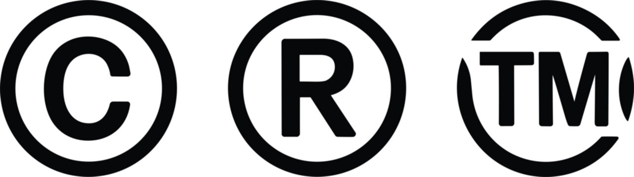 Three circular icons showing C R and TM symbols in white on black background