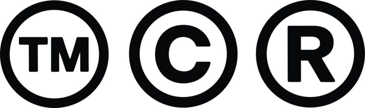 Three circular icons showing TM C and R symbols for trademark copyright and registered mark on white background