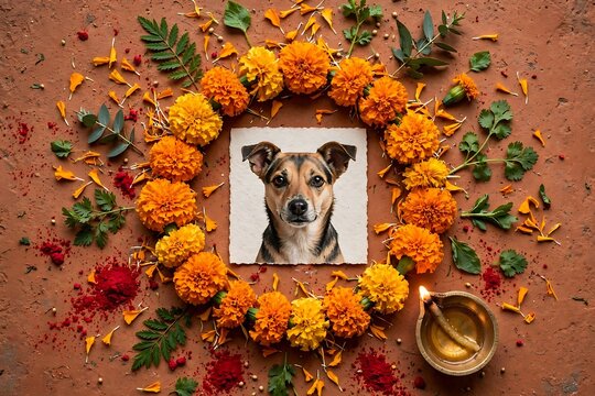 A memorial portrait of a dog framed by vibrant marigold flowers and traditional oil lamp on a rustic background