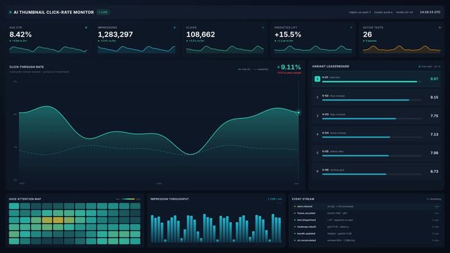 Ai thumbnail click-rate monitor dashboard with live ctr analytics, impressions variant leaderboard, for optimization, testing, marketing performance in 4k