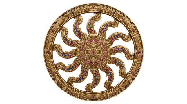 Golden dharmachakra wheel with flamelike spokes isolated on transparent background